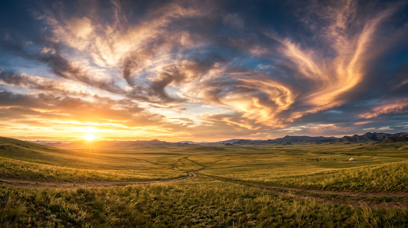 Sunset over a vast grassy steppe with mountain range in the background and swirling clouds