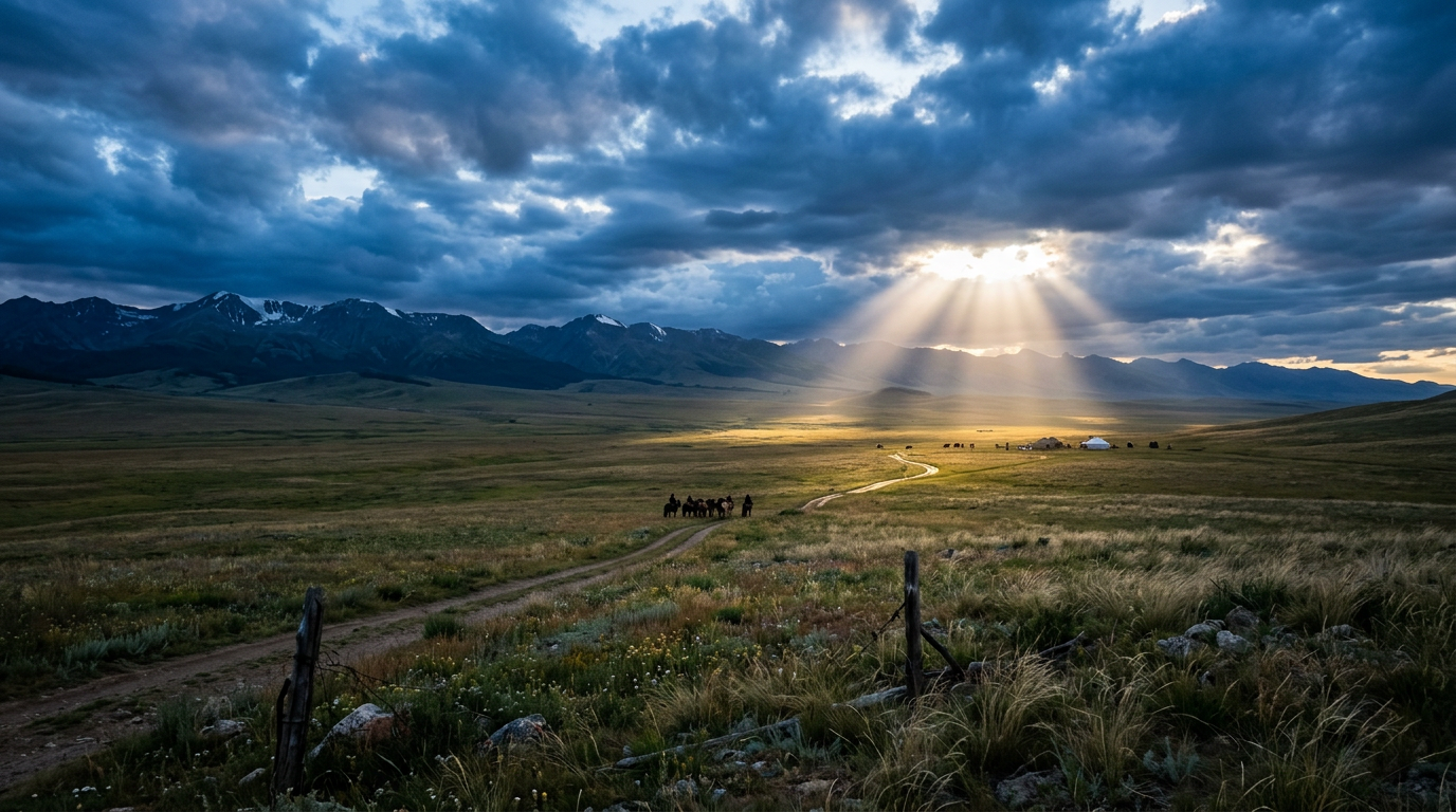 Mountain valley with cloudy sky and sun rays shining on grassy plain and riders on dirt road