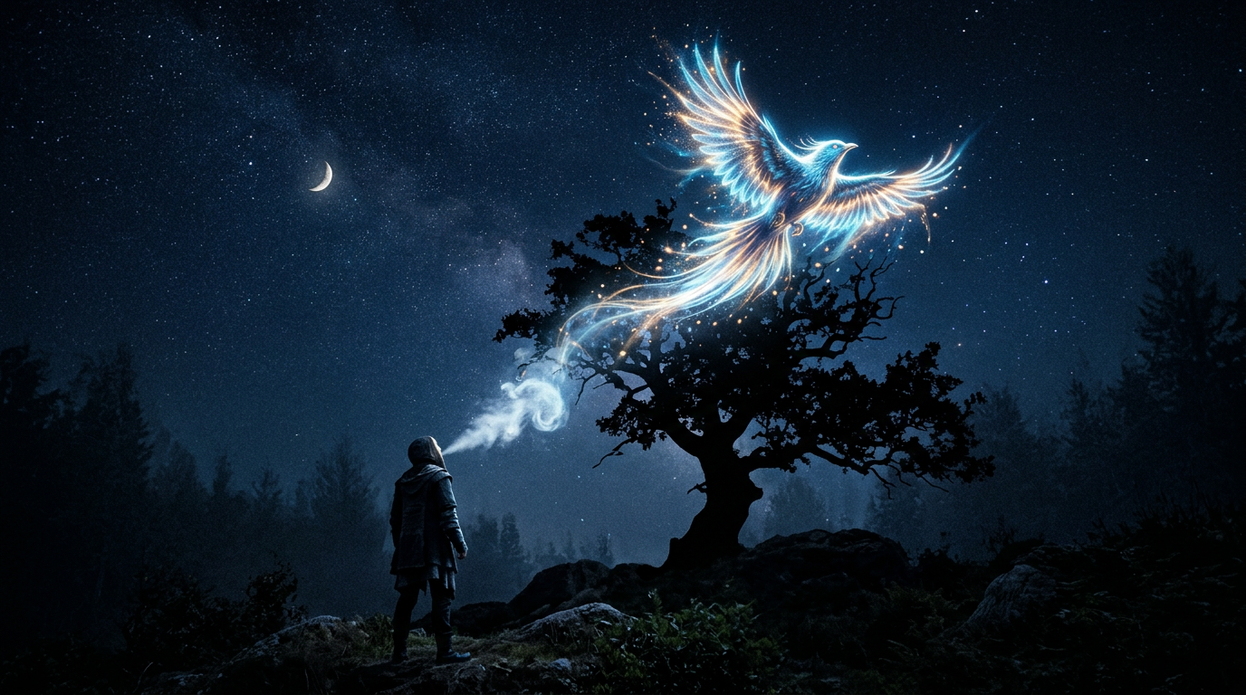 Person standing outdoors at night breathing out a glowing phoenix-shaped spirit