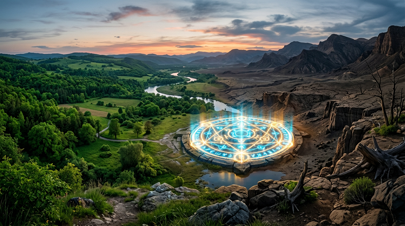 Glowing circular symbol between lush and barren lands