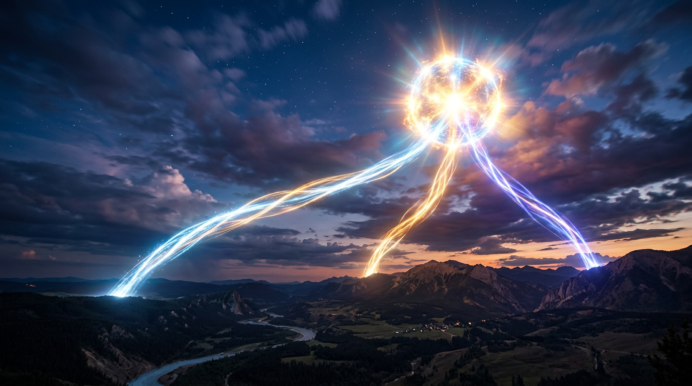 Glowing energy beams connecting three mountain peaks beneath a star-filled night sky