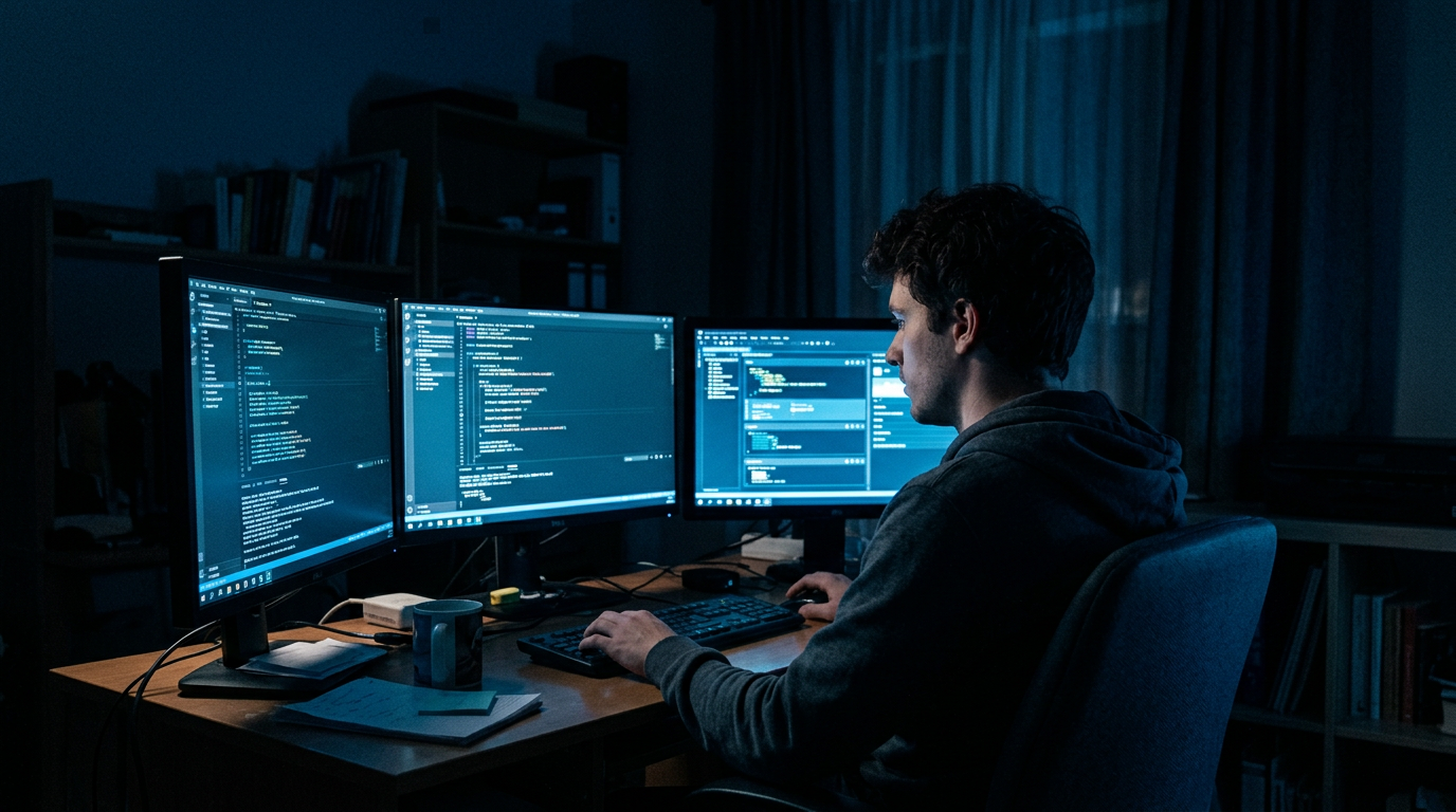 Dim room lit by blue computer screens