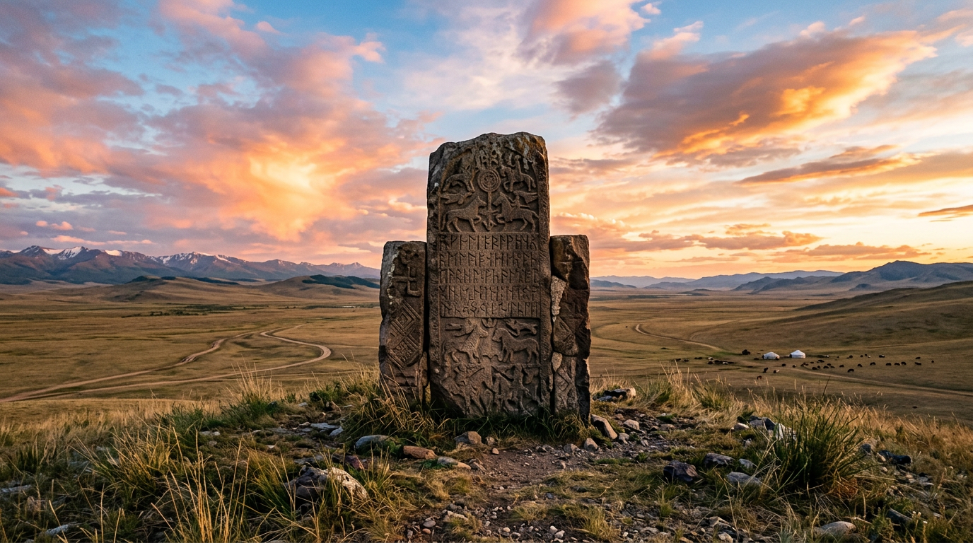 Ancient carved stone monument on grassy hill under colorful sunset sky with mountains