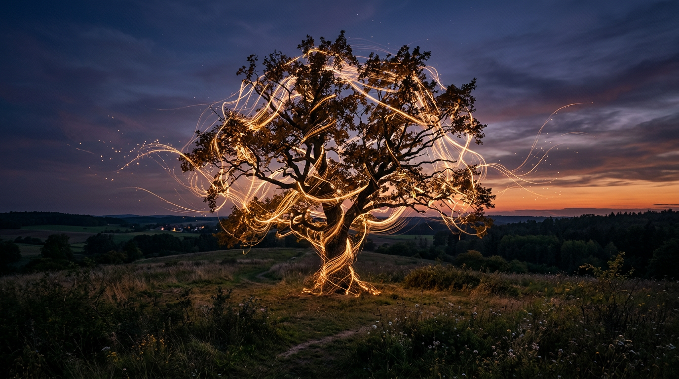 Glowing light threads around solitary tree at dusk