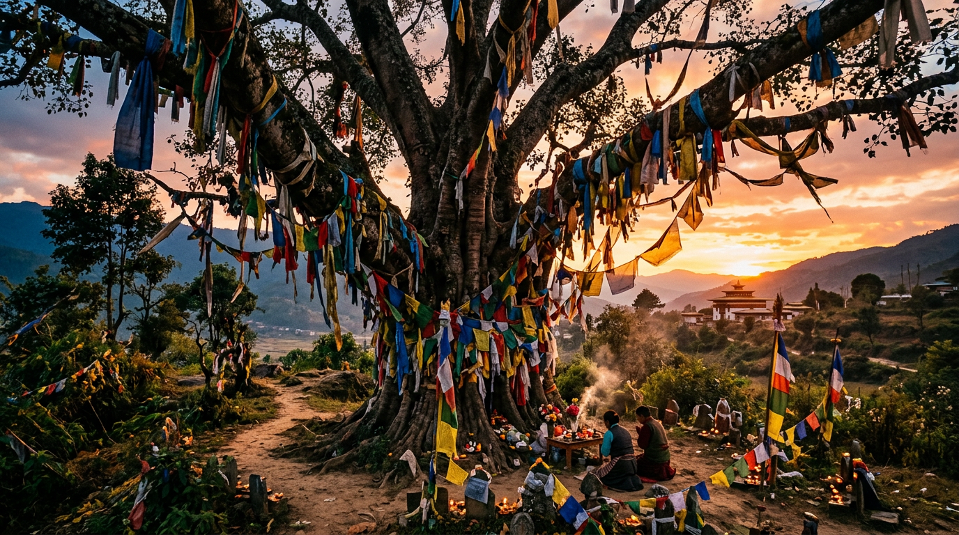 Large sacred tree covered in colorful prayer flags with two people praying below at sunset