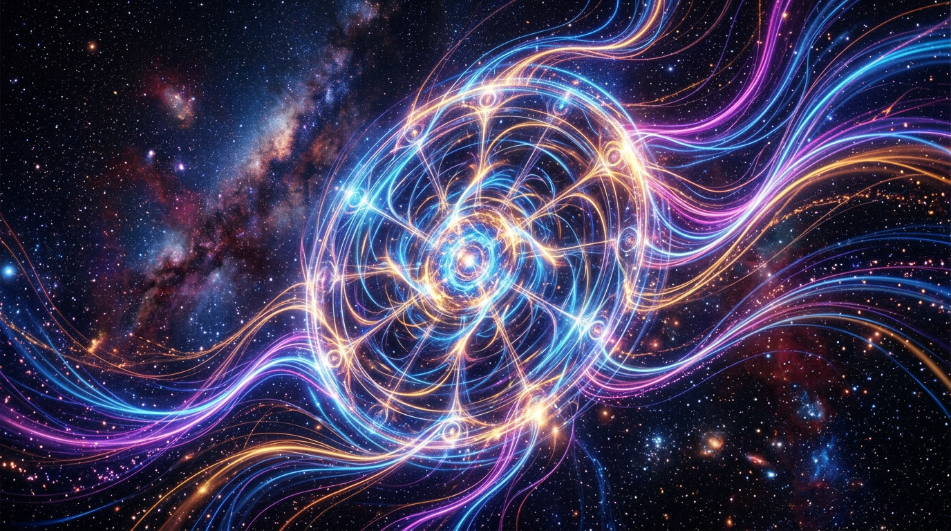 Abstract cosmic wheel with flowing light streams