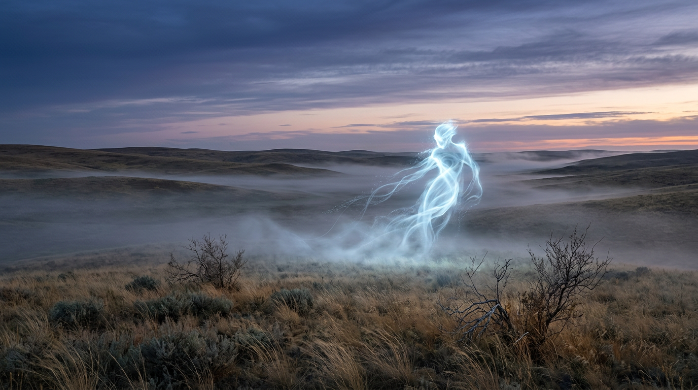 Glowing translucent humanoid figure in misty grassland at dusk