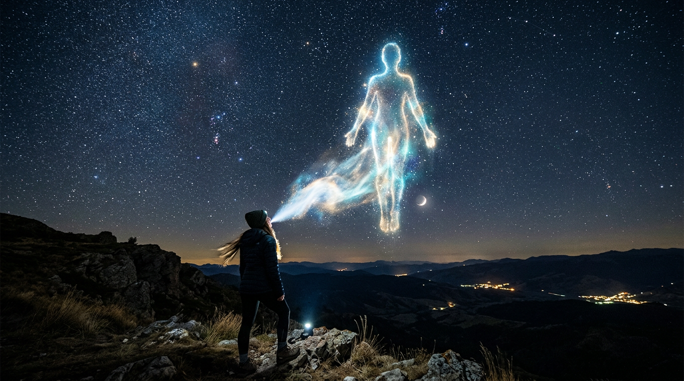 Person emitting a glowing cosmic human silhouette into the starry night sky