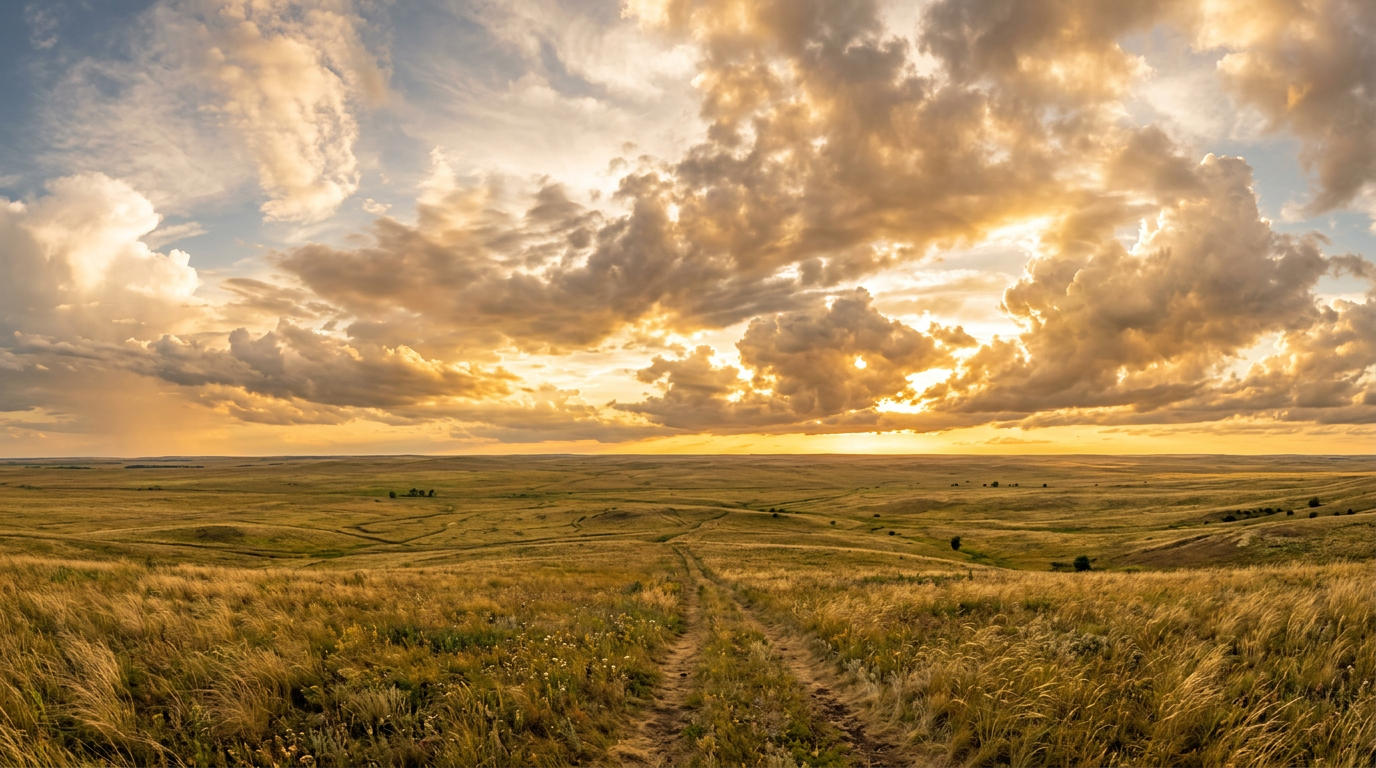 Wide open grassy prairie with dirt path under a golden sunset sky