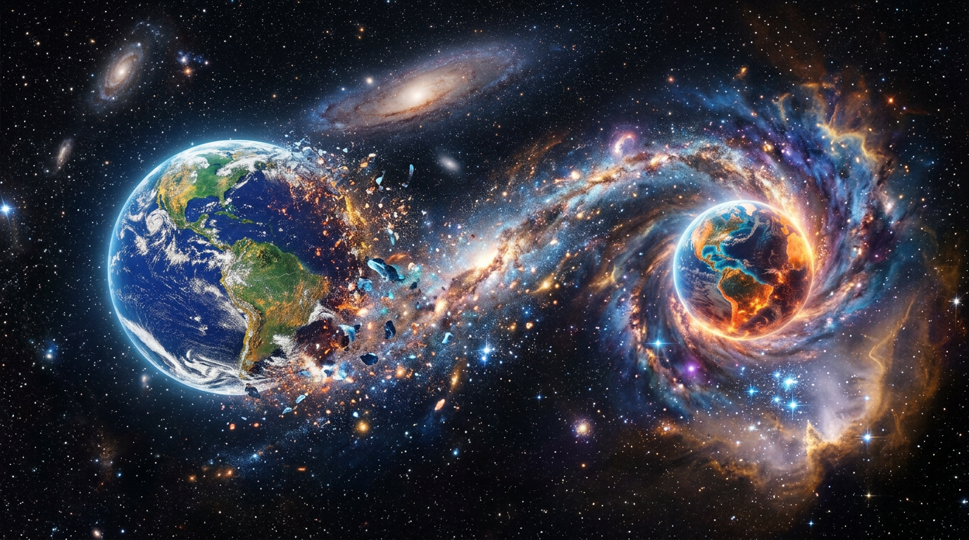 Two Earth-like planets in space, one breaking apart and the other glowing orange within a galaxy swirl