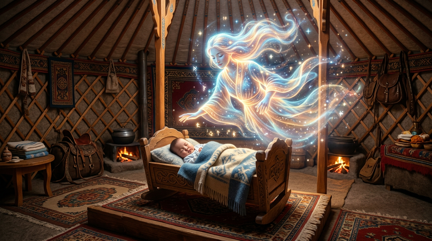 A sleeping baby wrapped in a blanket in a wooden cradle with a glowing ethereal figure above.