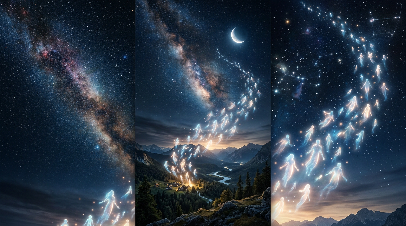 Glowing translucent human figures ascending into a starry night sky above a mountain valley village