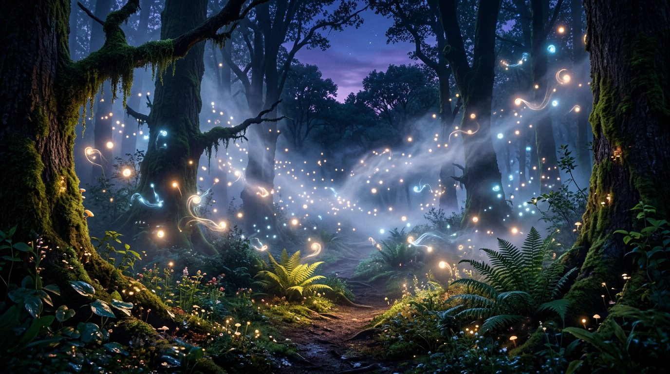 Forest pathway with mossy trees and glowing blue and orange lights floating in the air