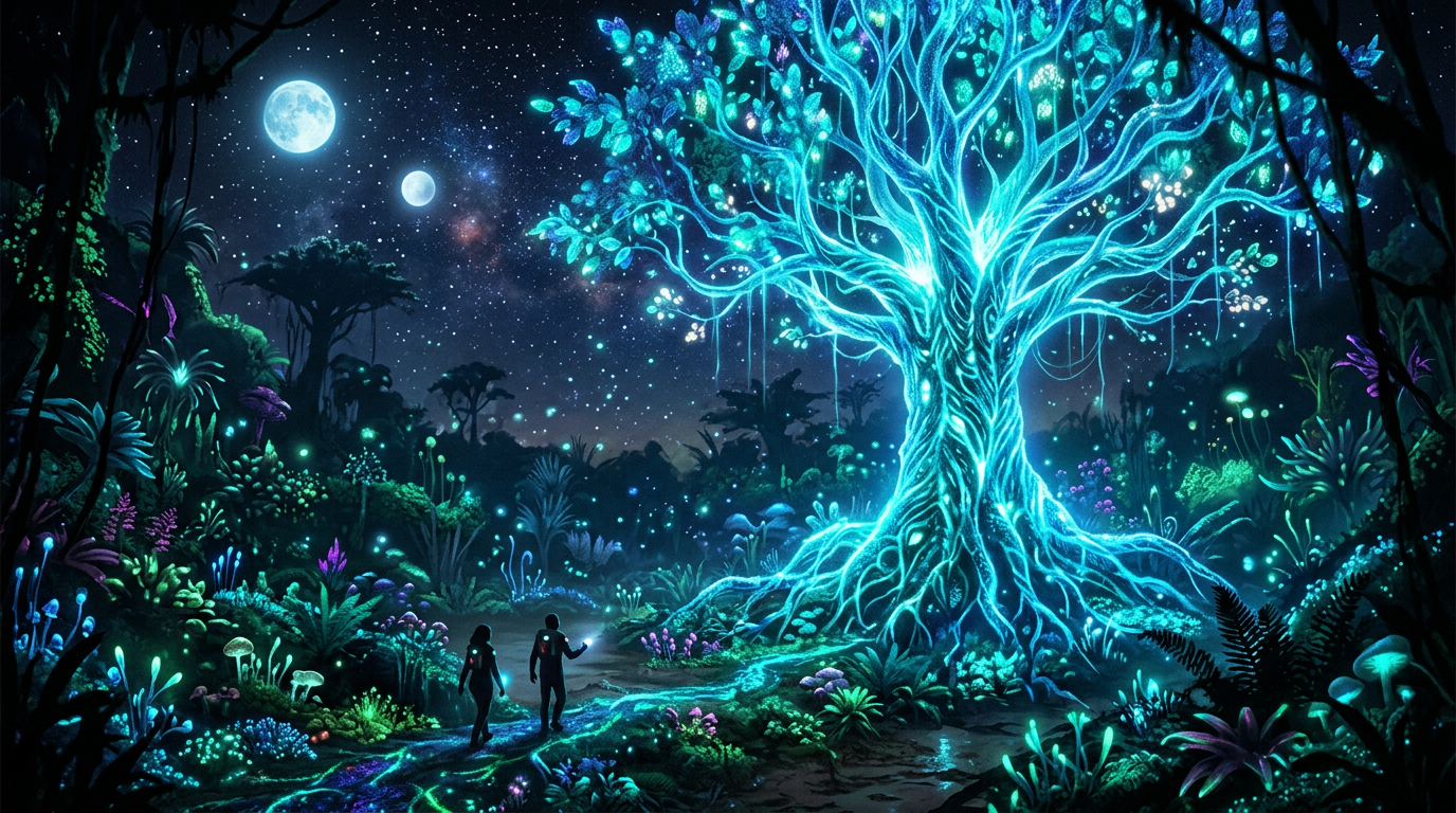 Bioluminescent tree in alien jungle at night