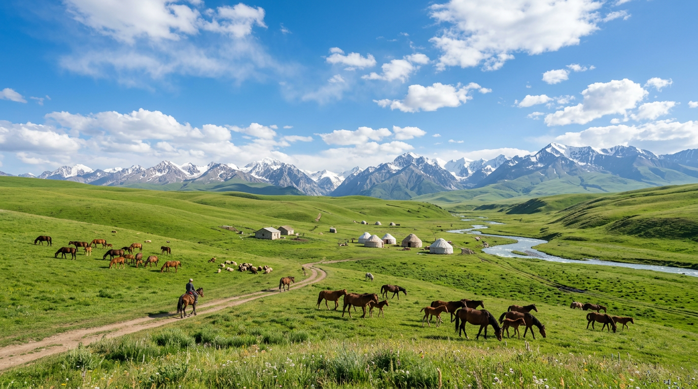 Mountain valley with grazing horses, yurts, a river, and snow-capped mountains