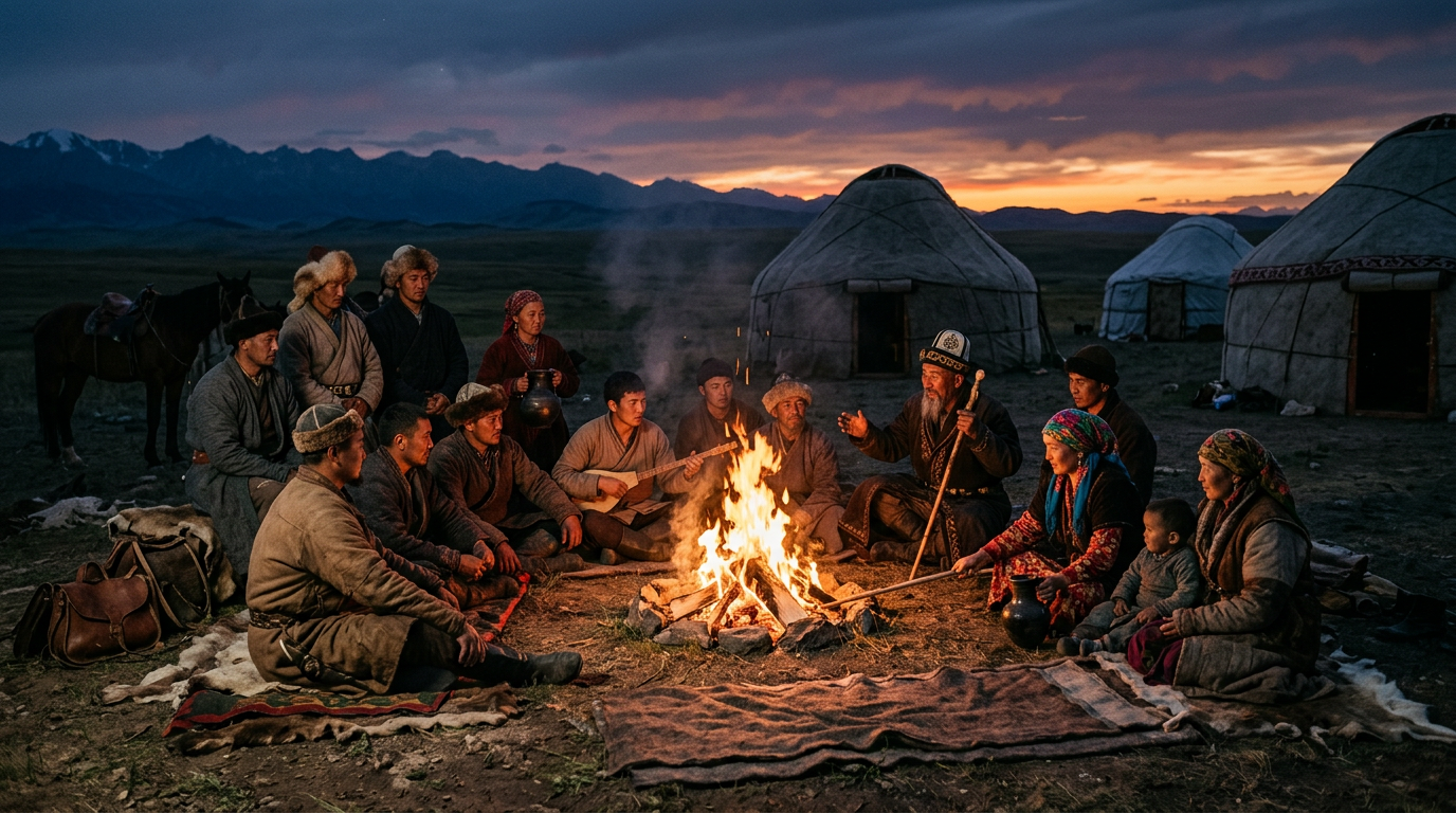 Nomadic people sitting and standing around a campfire near yurts at sunset