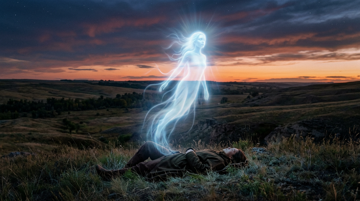 Glowing ethereal female spirit rising from a person lying on grass at sunset