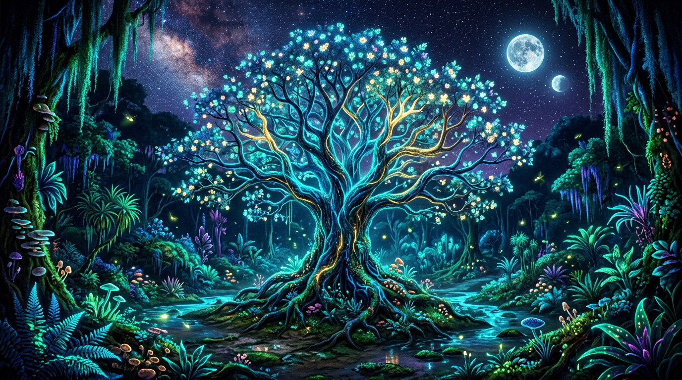 Glowing magical tree with colorful leaves in a dense forest under two moons