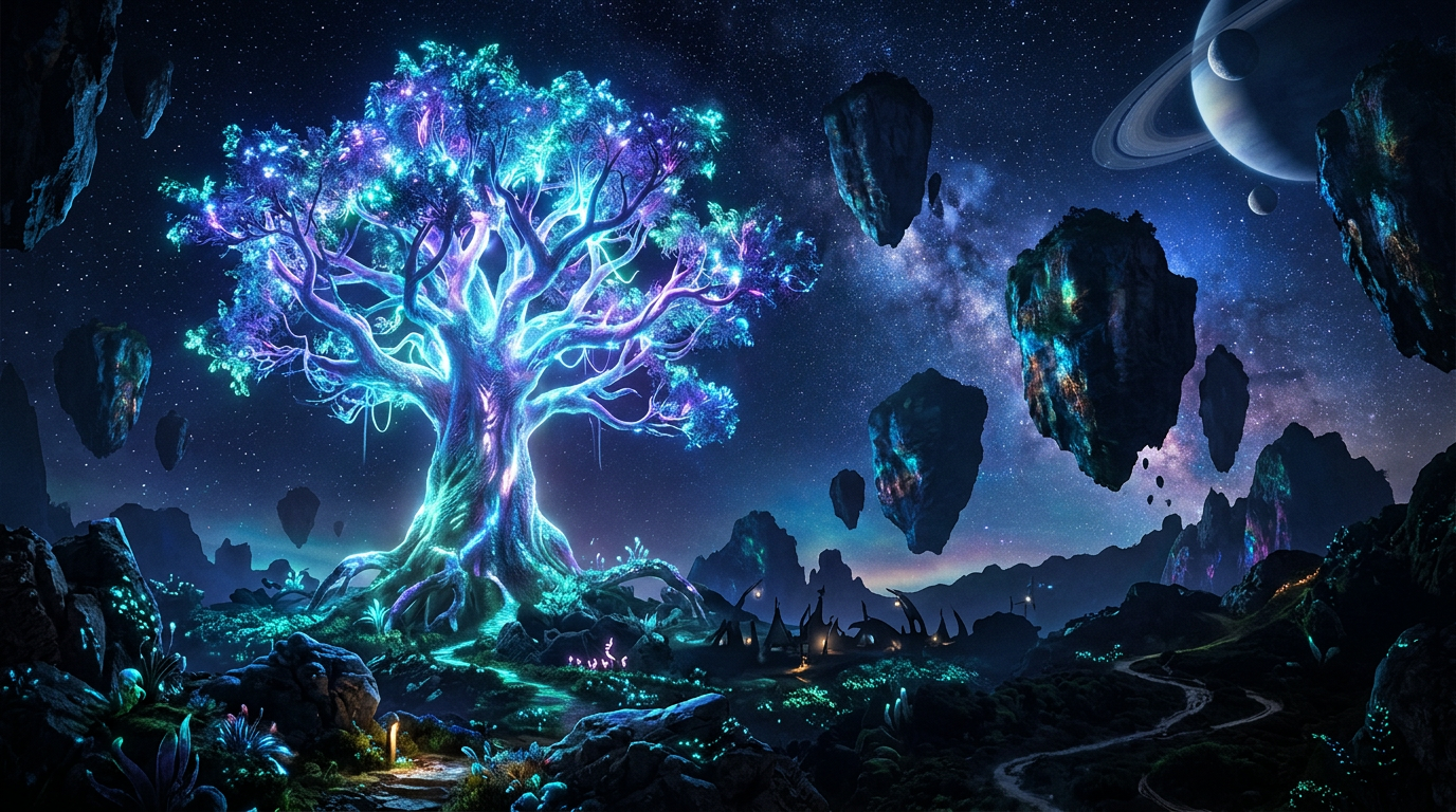 A glowing blue tree on an alien landscape with floating rocks and ringed planet in night sky