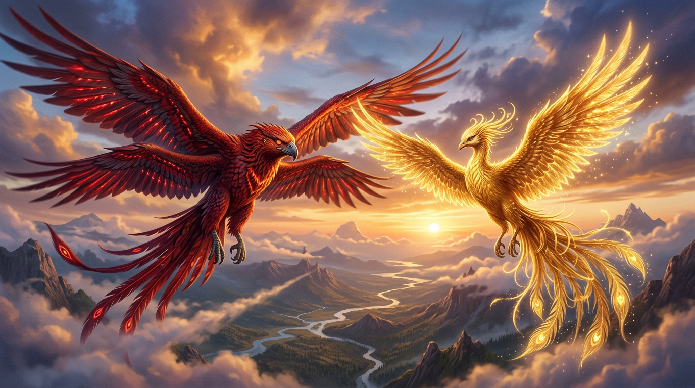 Giant red alien bird and golden Huma soaring