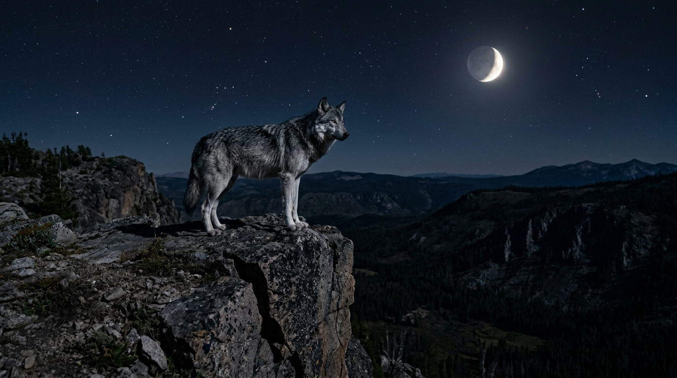 Wolf standing on rocky cliff at night under crescent moon and stars