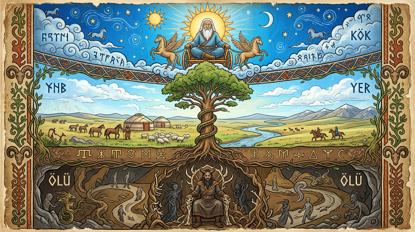 Sacred tree with deity above and underworld spirits below