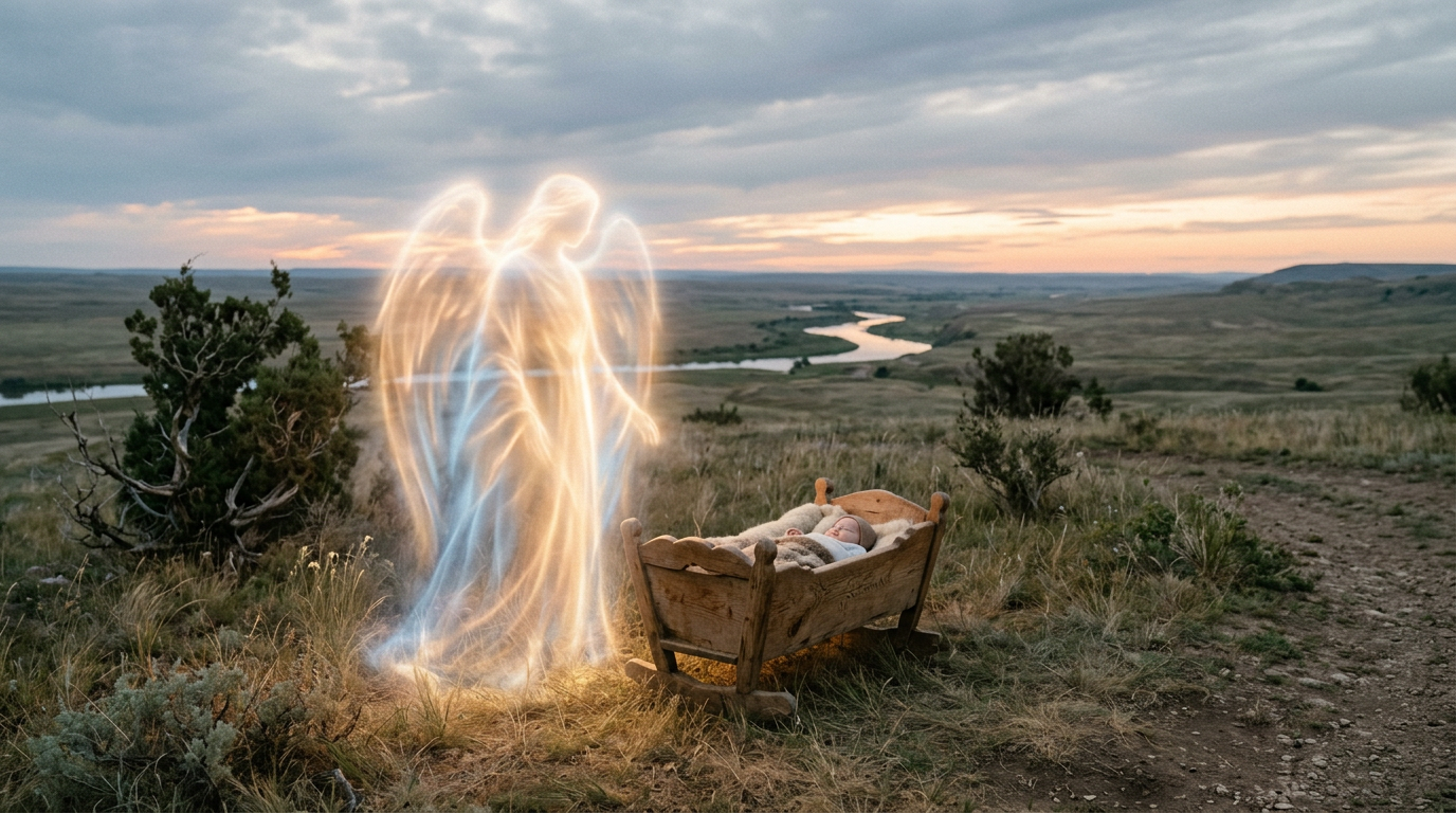 Glowing angelic figure next to a baby sleeping in a wooden cradle outdoors