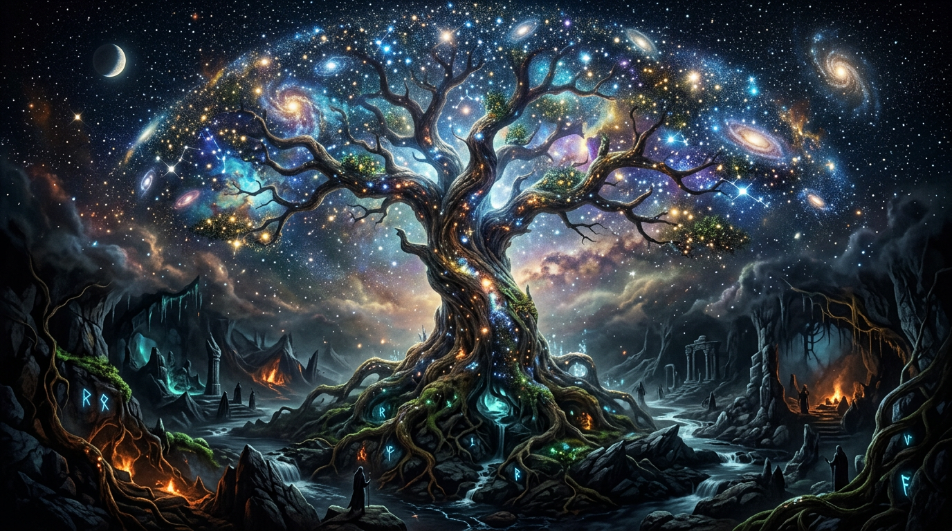 A large mystical tree with branches filled with galaxies and stars in a dark, rocky landscape with lava and ruins