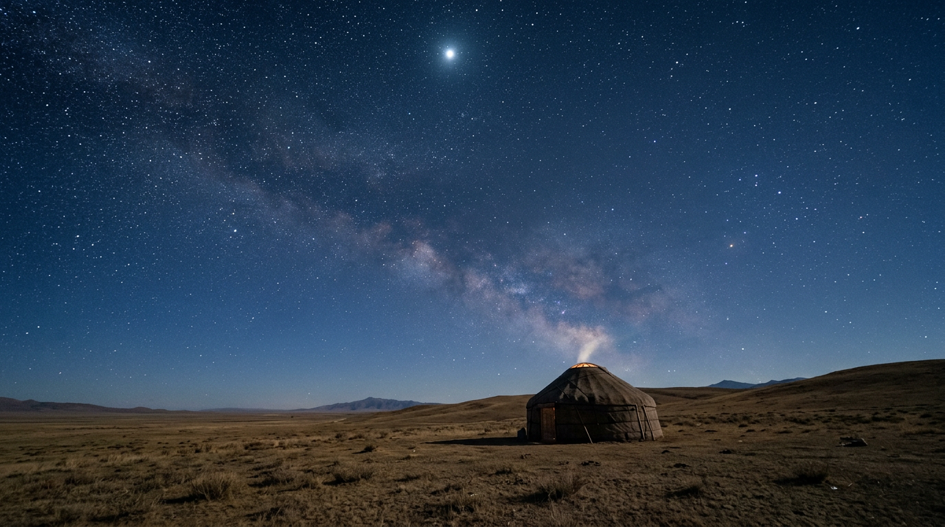 North Star over steppe with nomadic tent