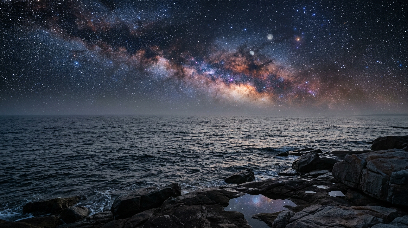 Milky Way galaxy visible over a dark ocean with rocky shoreline