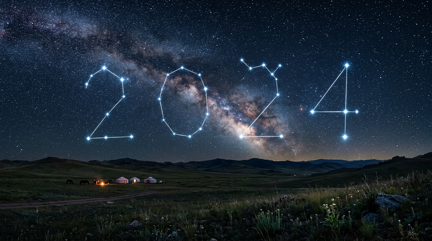 Star constellations shaped as 2024 in a starry night sky over grassy hills and yurts