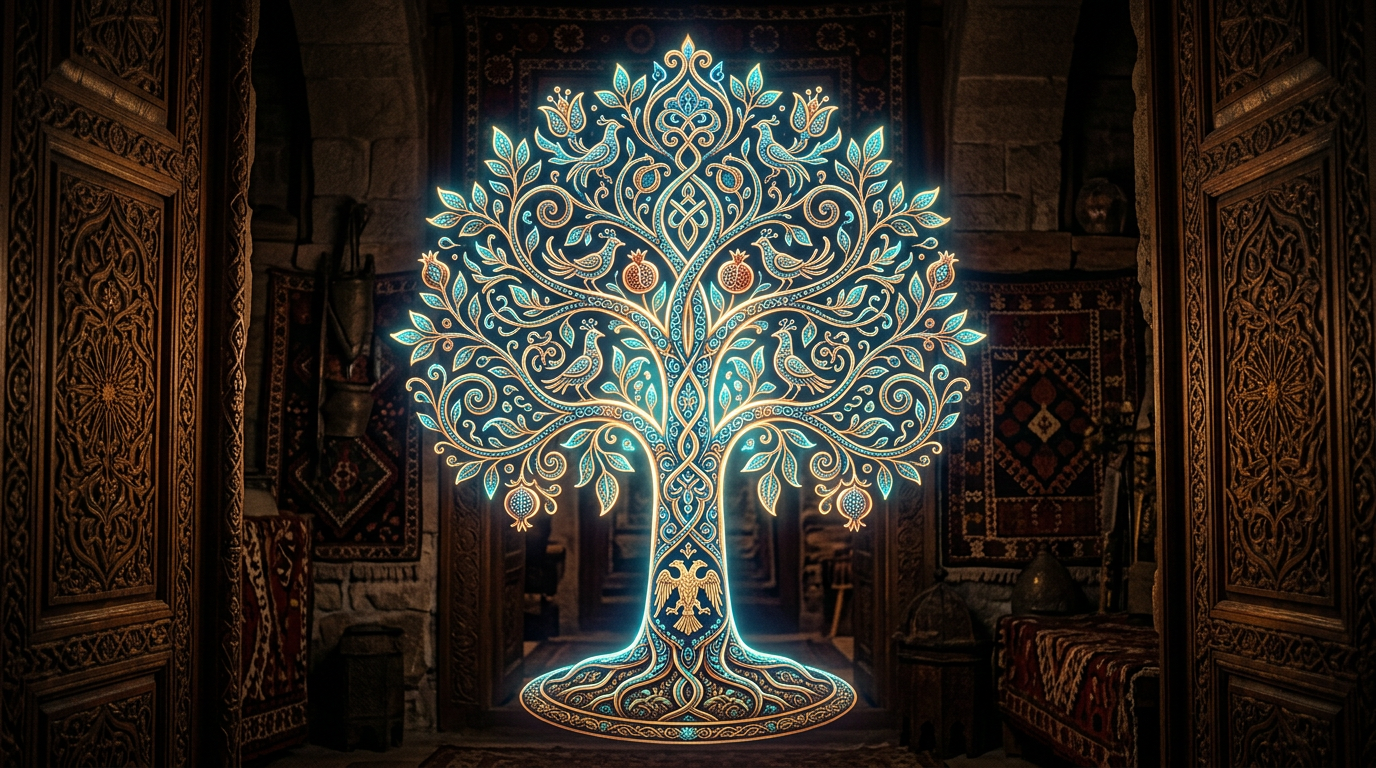 Glowing detailed ornamental tree with birds and pomegranates inside a carved wooden and stone room