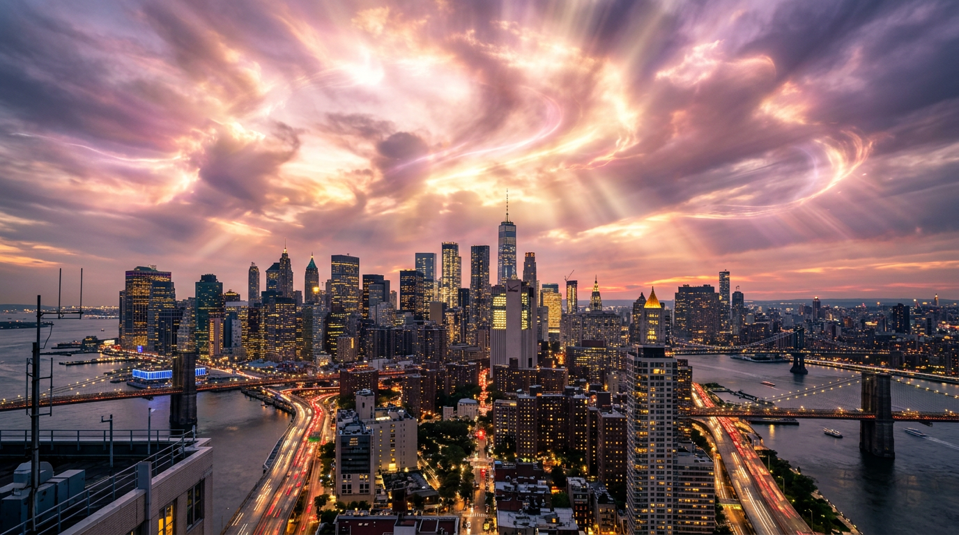 Manhattan skyline at sunset with glowing buildings and busy bridges over rivers