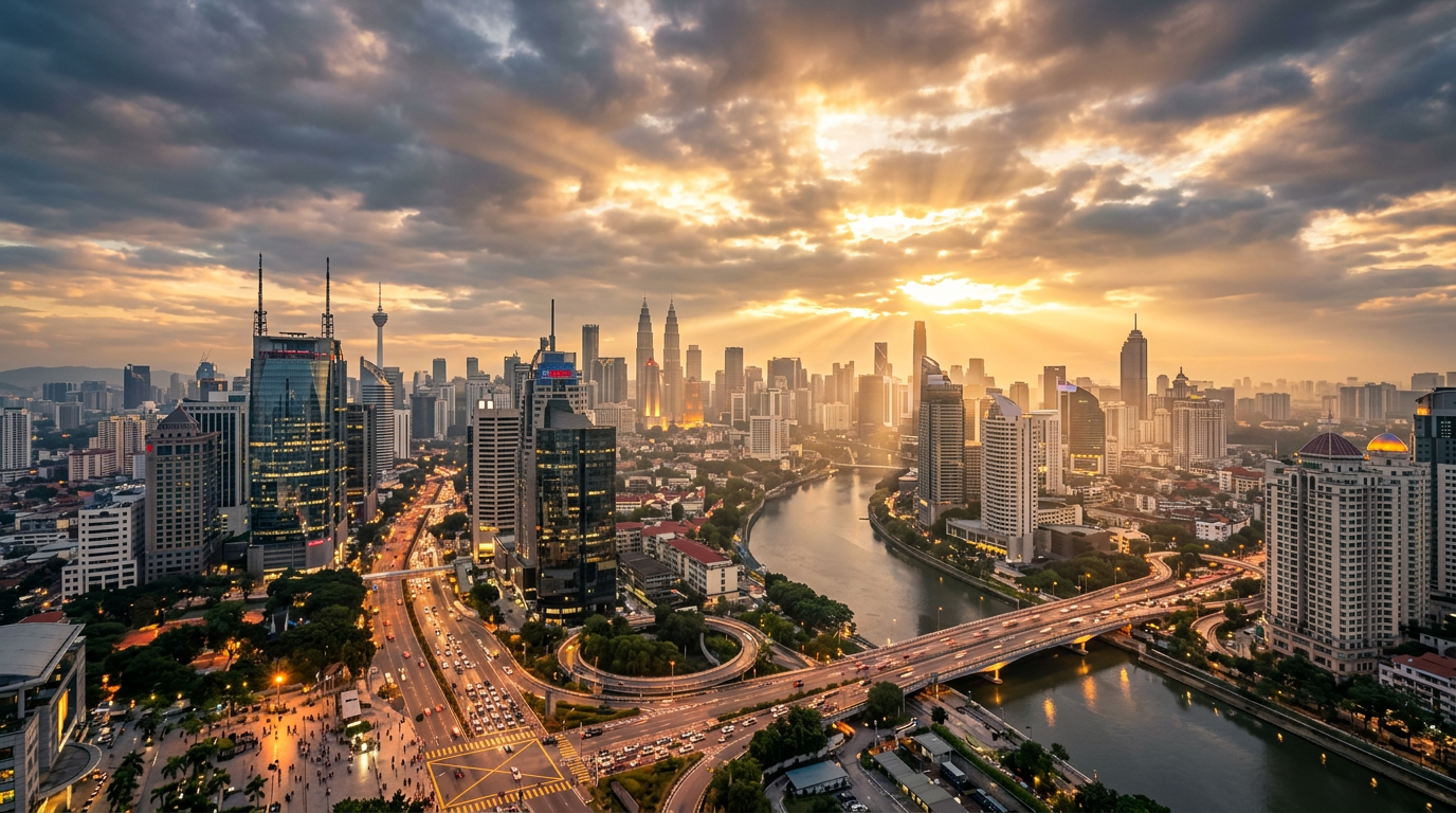 Kuala Lumpur city skyline at sunset with Petronas Towers and river