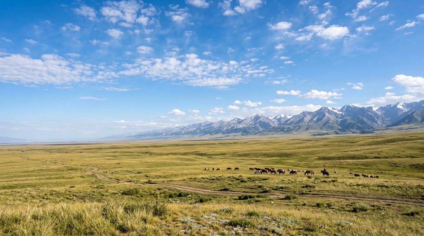 Herd of horses grazing on vast grassy plains near a mountain range under a partly cloudy sky